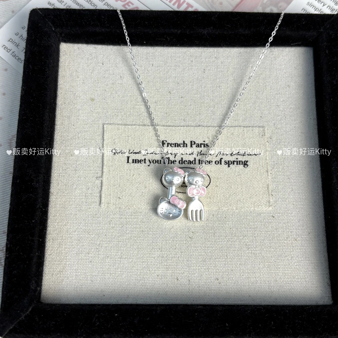 坠链均足银 纯银足银999Kitty多巴胺小众项链轻奢银色锁骨链吊坠