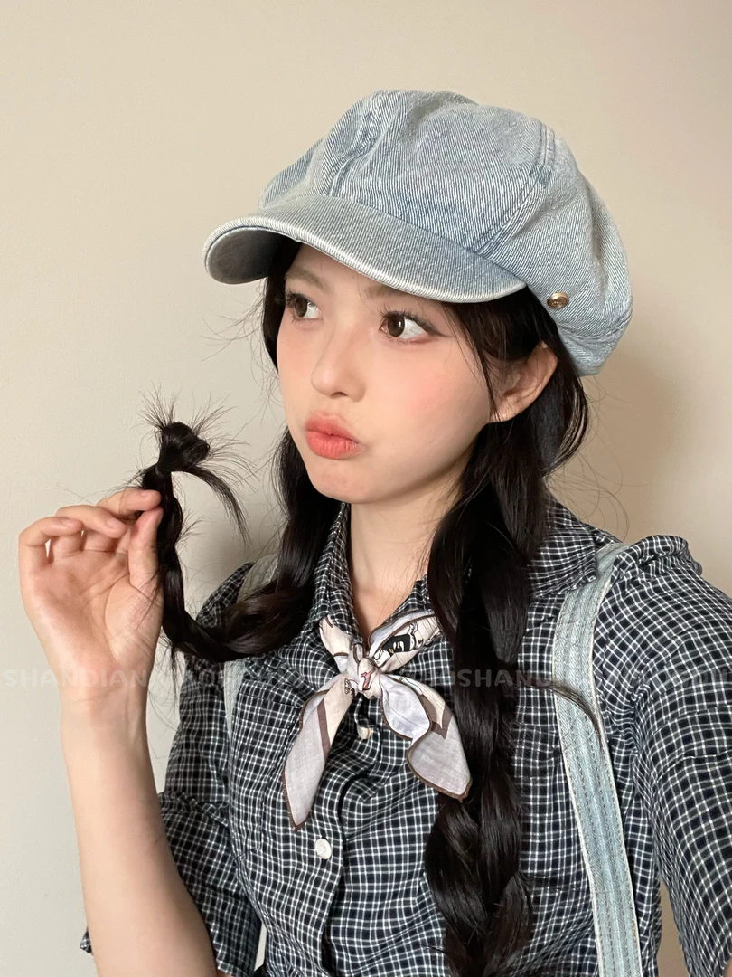 闪电小狗日系水洗牛仔八角帽女2025新款贝雷帽百搭显脸小画家帽子