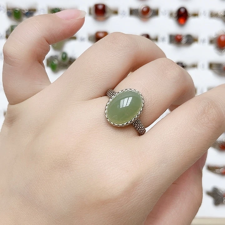 和田玉戒指银S925镶嵌天然