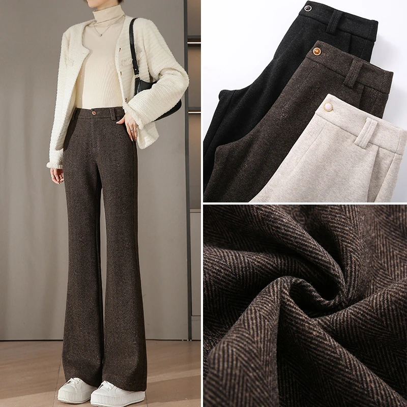 高端羊绒蚕丝微喇裤女秋冬2025新品保暖不臃肿显瘦气质垂顺喇叭裤