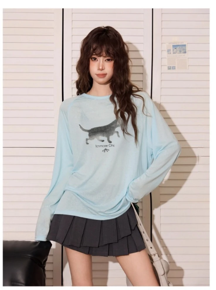 小狗罩衫薄款夏季慵懒风甜酷多巴胺长袖t恤女美式复古字母上衣ins