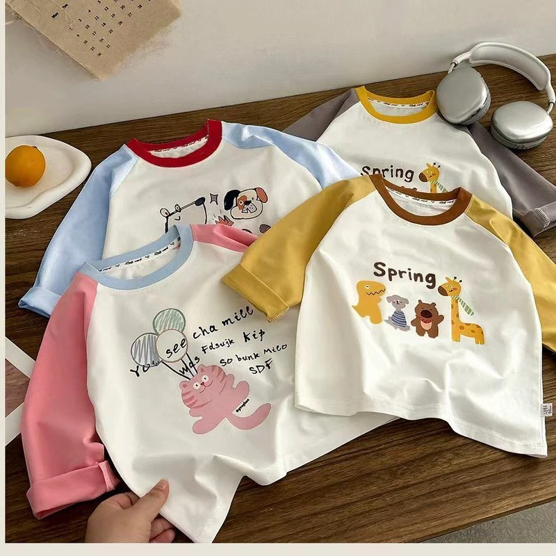 棉长袖卡通a类衣服纯棉女宝2025单件男童上衣新款纯棉儿童t恤潮