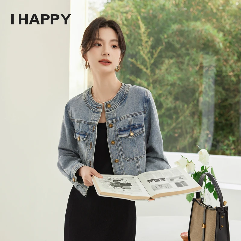 海贝水牛仔蓝圆领短款牛仔外套女短外套秋新款H4H01AN055