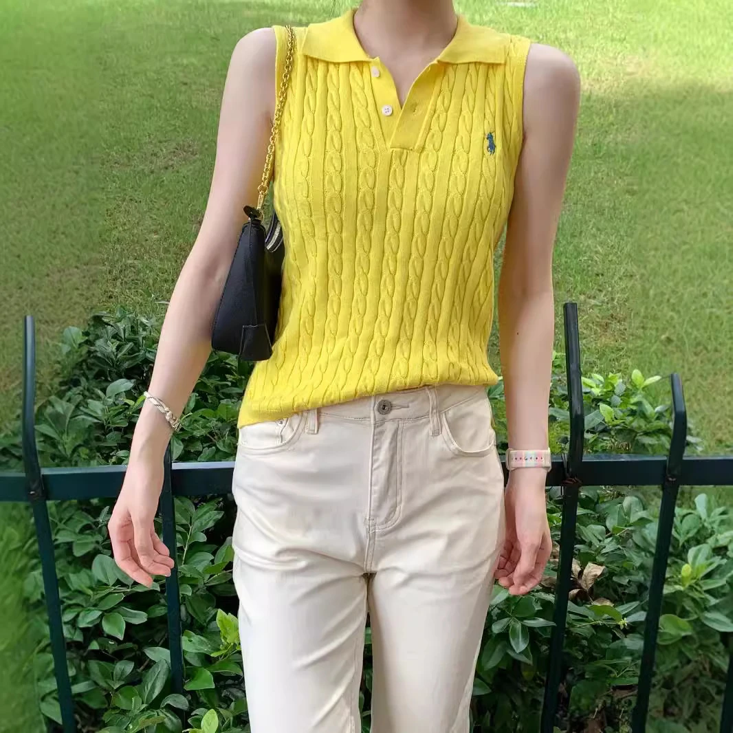 新款秋冬小马标刺绣短款夏季针织背心衫女设计感毛衣麻花打底修身