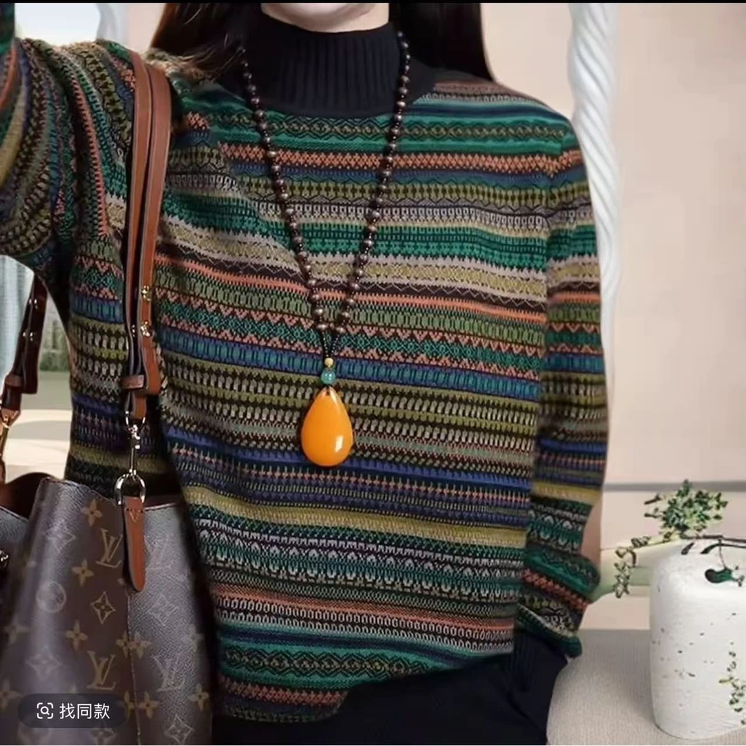 2025年秋冬季新款复古条纹洋气高领时尚打底衫宽松显瘦上衣女