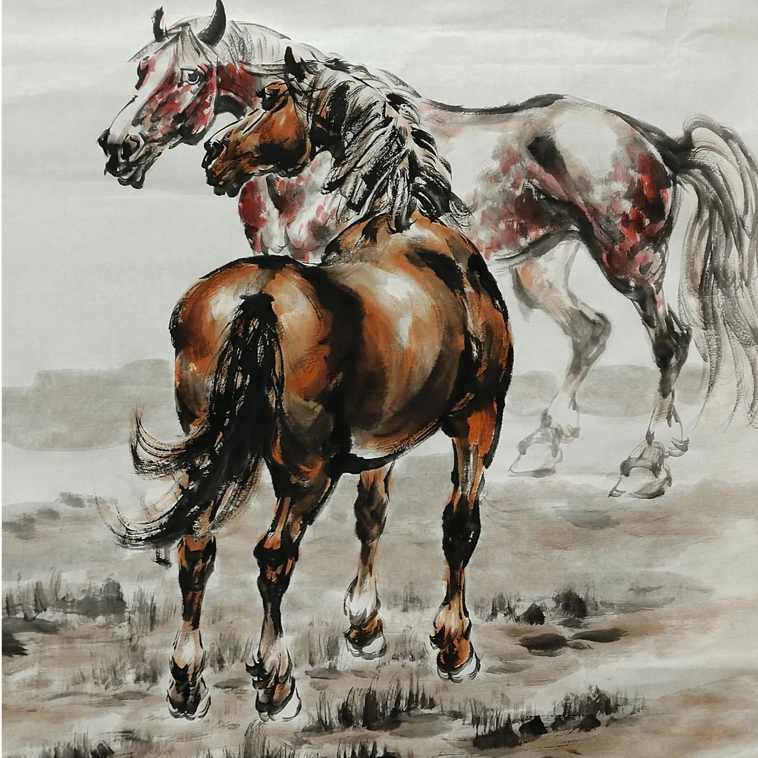 骏马图《双骏图》手绘国画作品