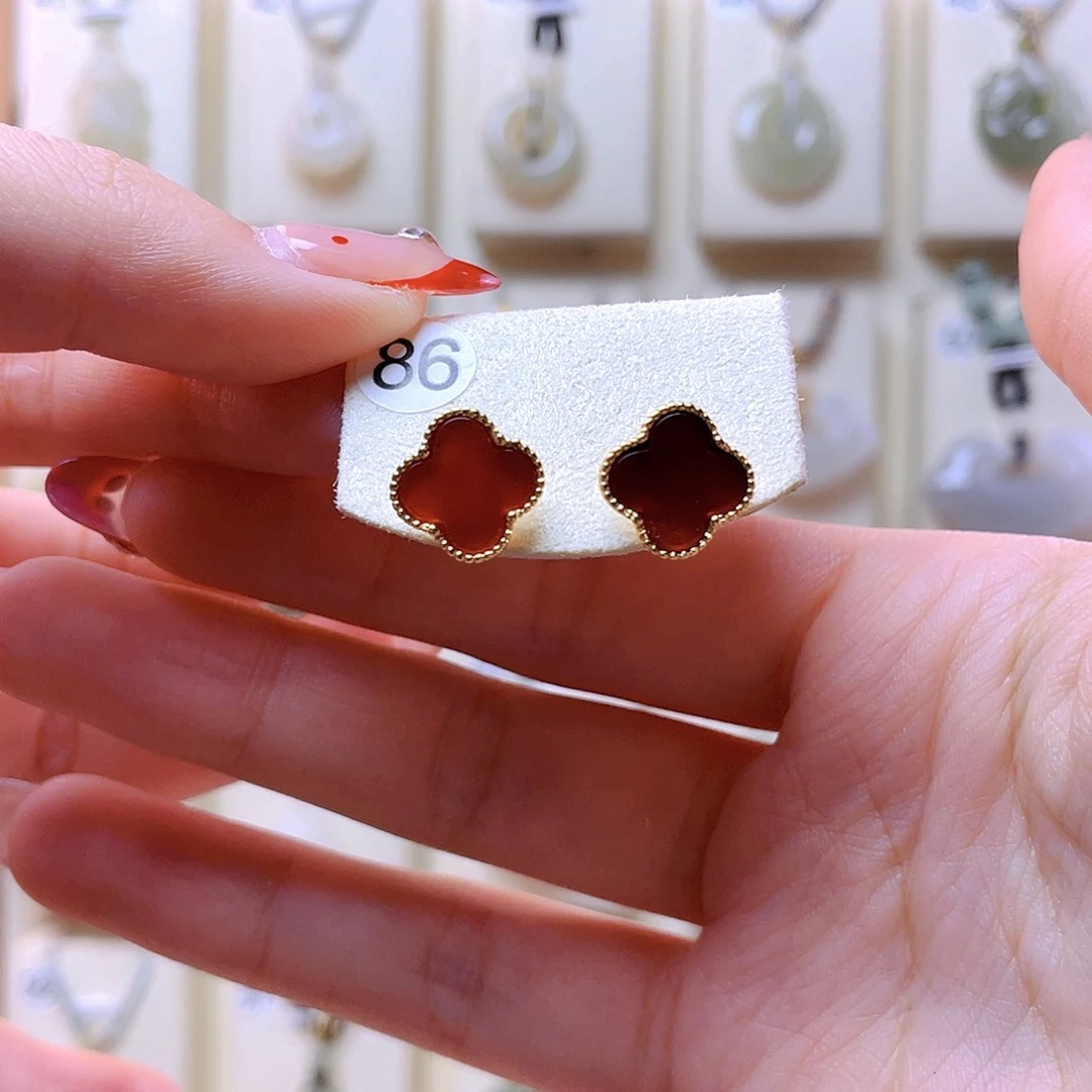 玛瑙/玉髓耳钉银S925镀金镶嵌