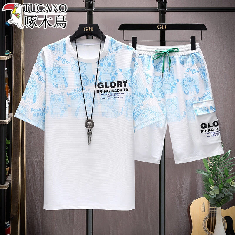 夏天冰丝短袖短裤套装青年韩版男士休闲百搭运动痞帅男装一套搭配