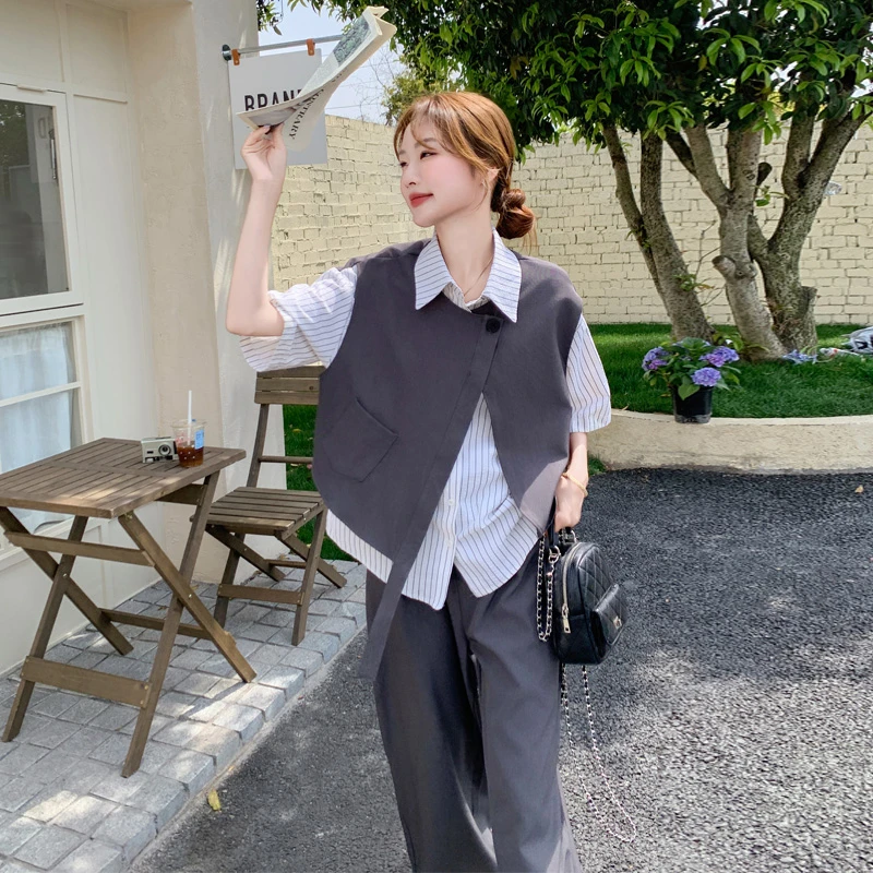 韩系ins风套装裤女2025夏季新款松弛感假两件条纹拼接上衣阔腿裤
