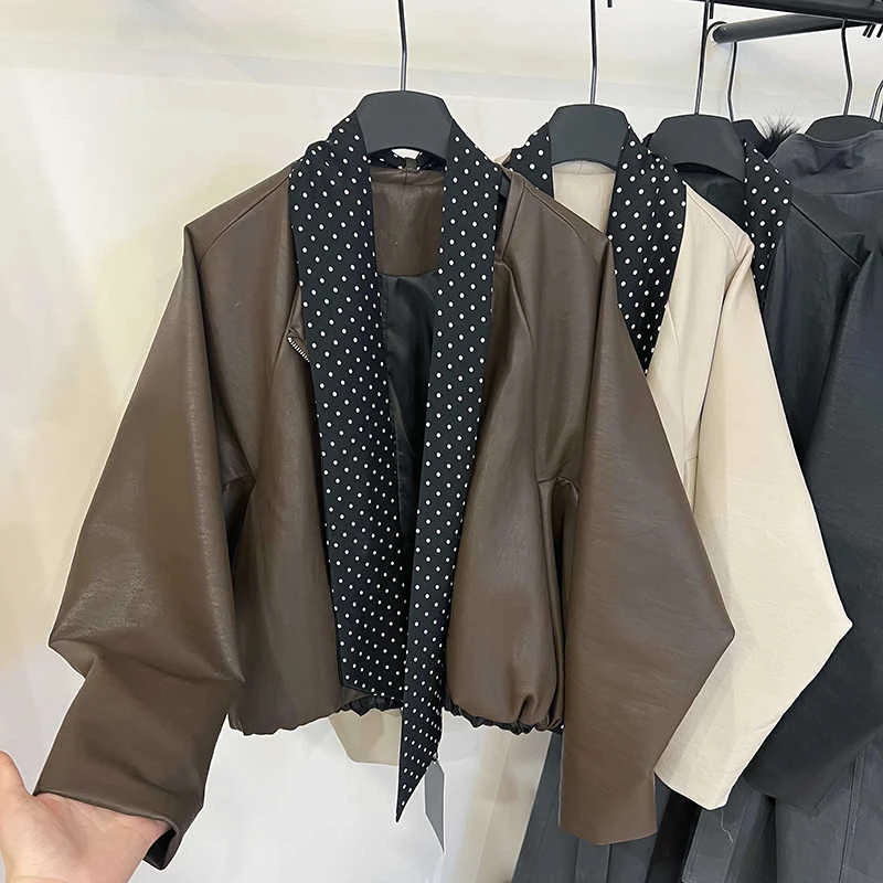 韩系感蝙蝠袖皮衣外套2025休闲气质夹克配丝巾上衣