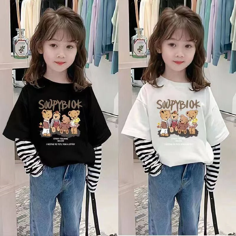 秋季假两件长袖女童春装女宝宝条纹儿童打底衫儿童节女孩洋气