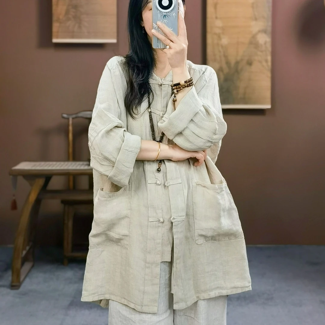 束心新中式秋装新款汉麻复古立领盘扣落肩长袖衬衫女大码休闲开衫