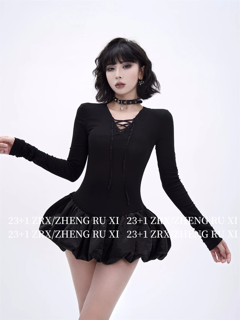 付新博女装花苞裙摆连衣裙女设计时尚绑带内搭圆领长袖上衣13566