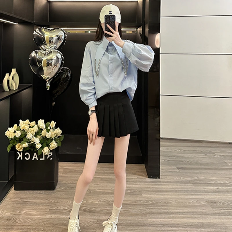 女款春季新款设计感纯色尖领百搭单排扣宽松时尚简约小个子衬衣潮