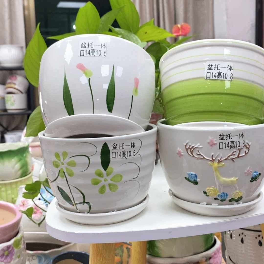 @夏西陶瓷花盆@@四个手绘