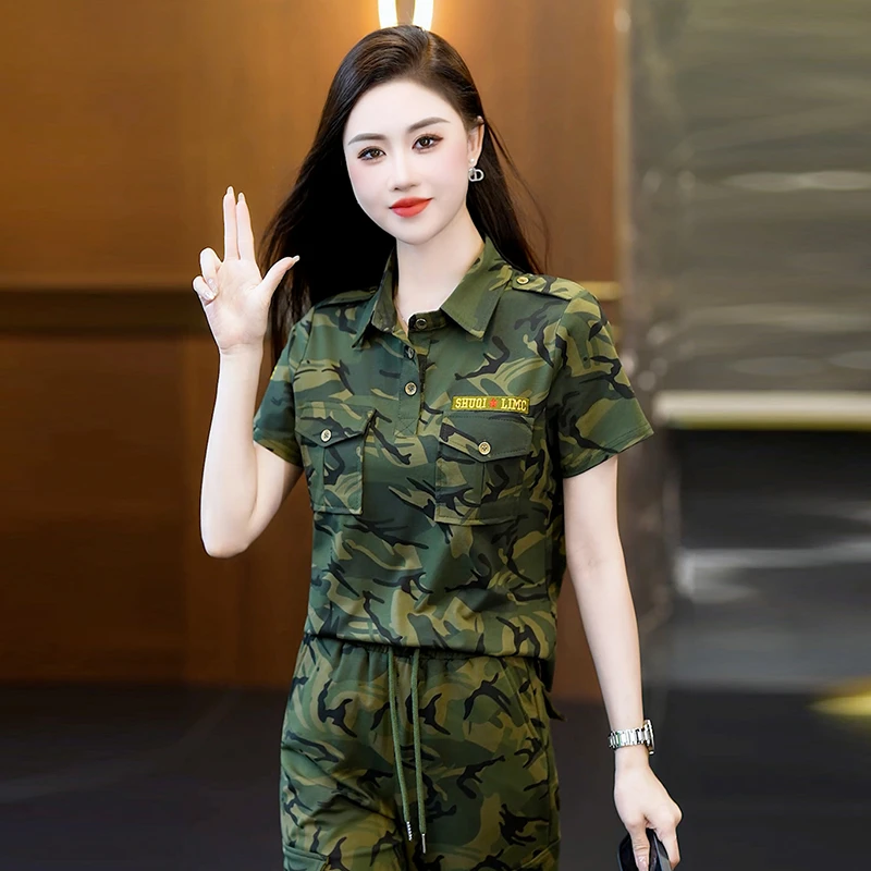 纯棉显瘦新款POLO领阔腿筒工装裤水兵广场舞运动跳舞迷彩短袖女款
