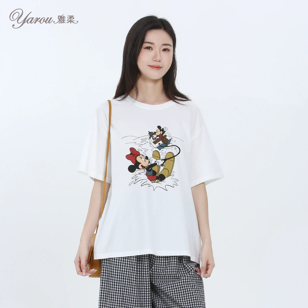 【100三件】短袖纯欲风复古风圆领卡通T恤时尚运动套装白色印花