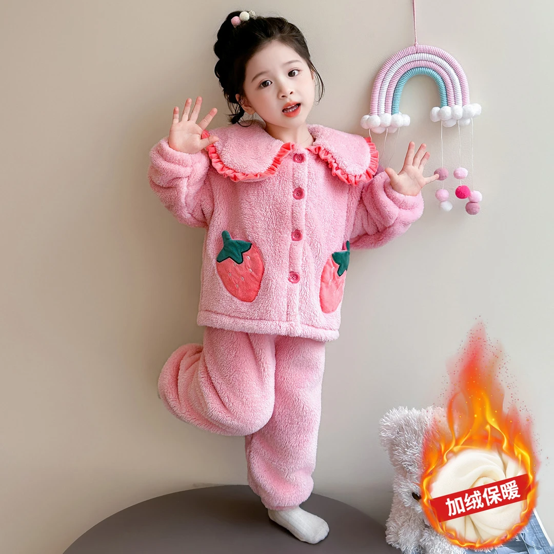 女童加绒睡衣冬季新款儿童珊瑚绒双层加厚套装女宝宝法兰绒家居服