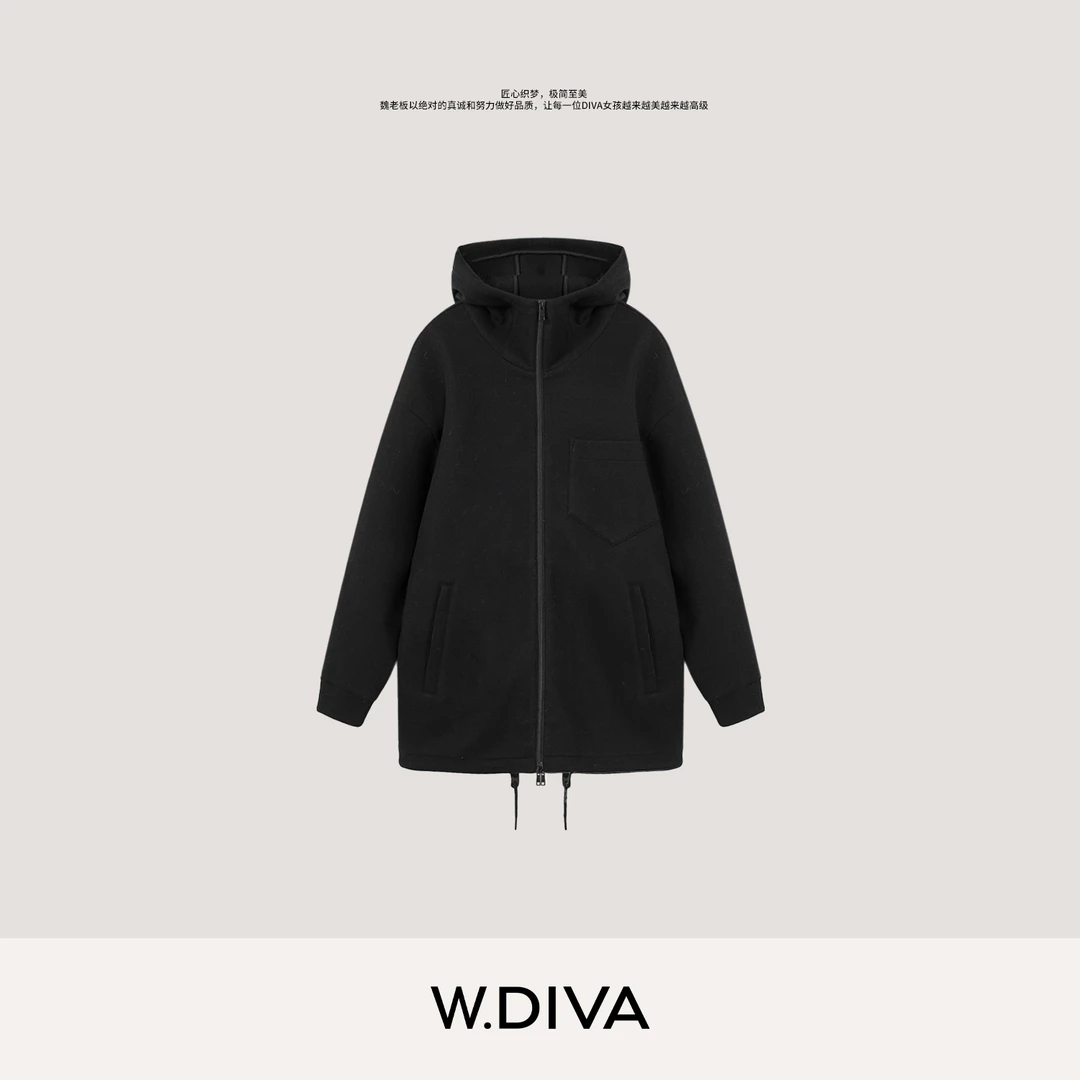 W.Diva【热爱】品质休闲百搭黑色连帽长袖卫衣外套3C31WB036