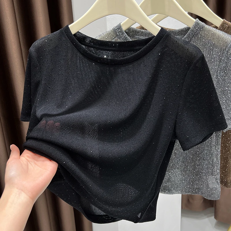 黑色冰丝短袖T恤女薄款圆领正肩网纱上衣女微透性感镂空内搭小衫