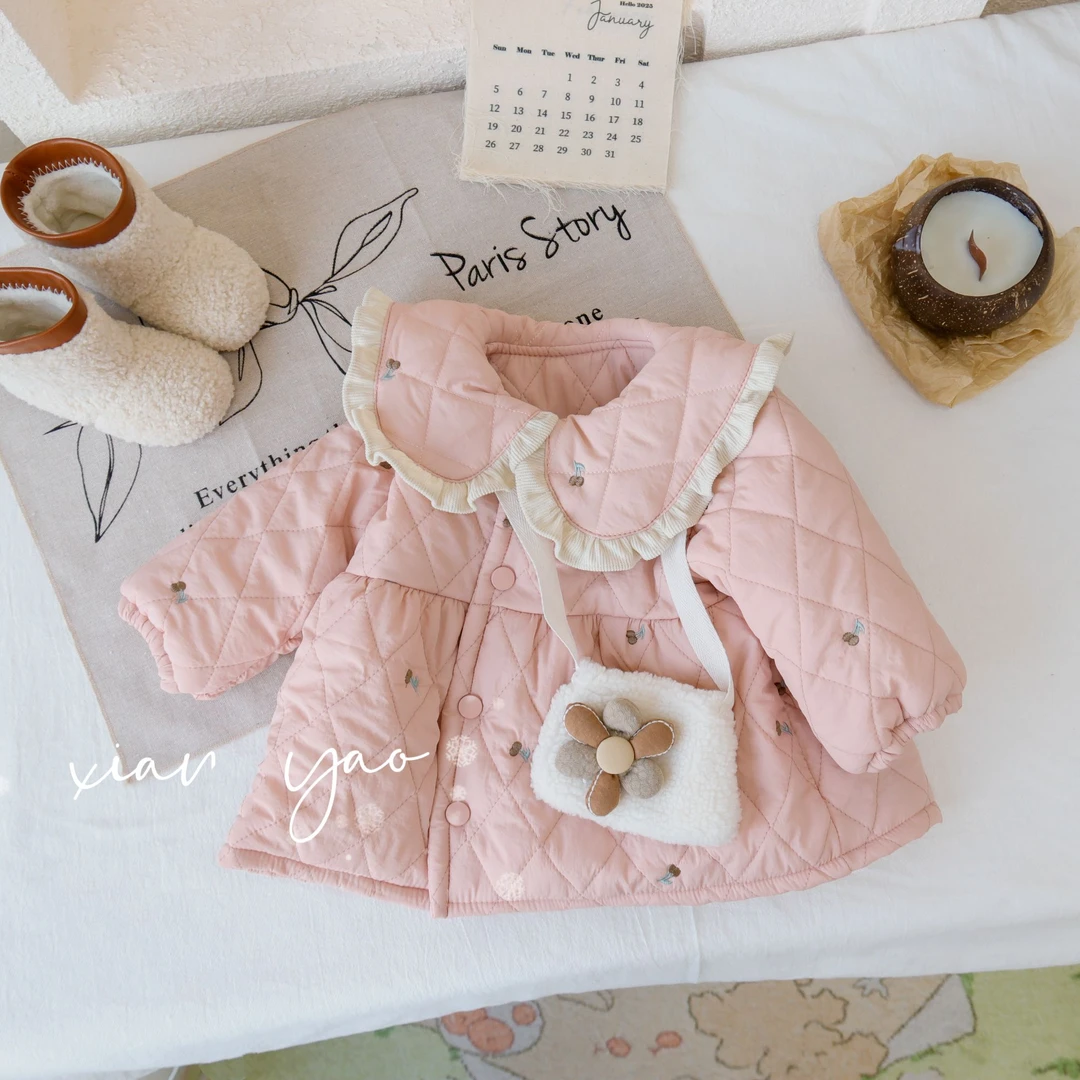 【优选】秋冬大翻领花朵包棉上衣女童棉服新款洋气上衣保暖棉衣-jp