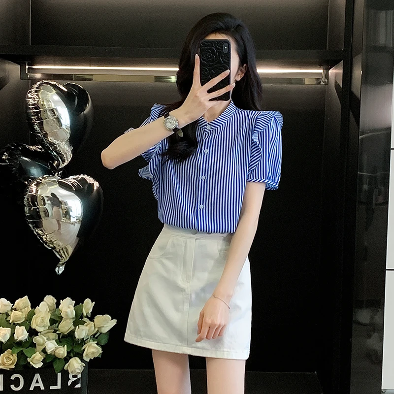 港风复古polo领条纹短袖衬衫女夏季新款时尚减龄宽松休闲百搭上衣