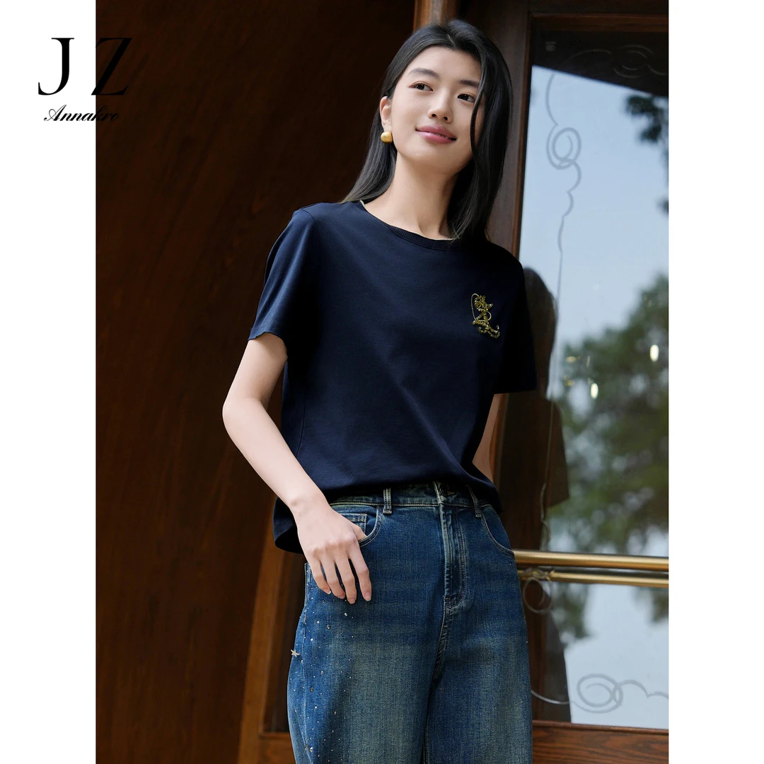 玖姿安娜蔻KWFX83237通勤风休闲撞色重工串珠字母圆领T恤女2025