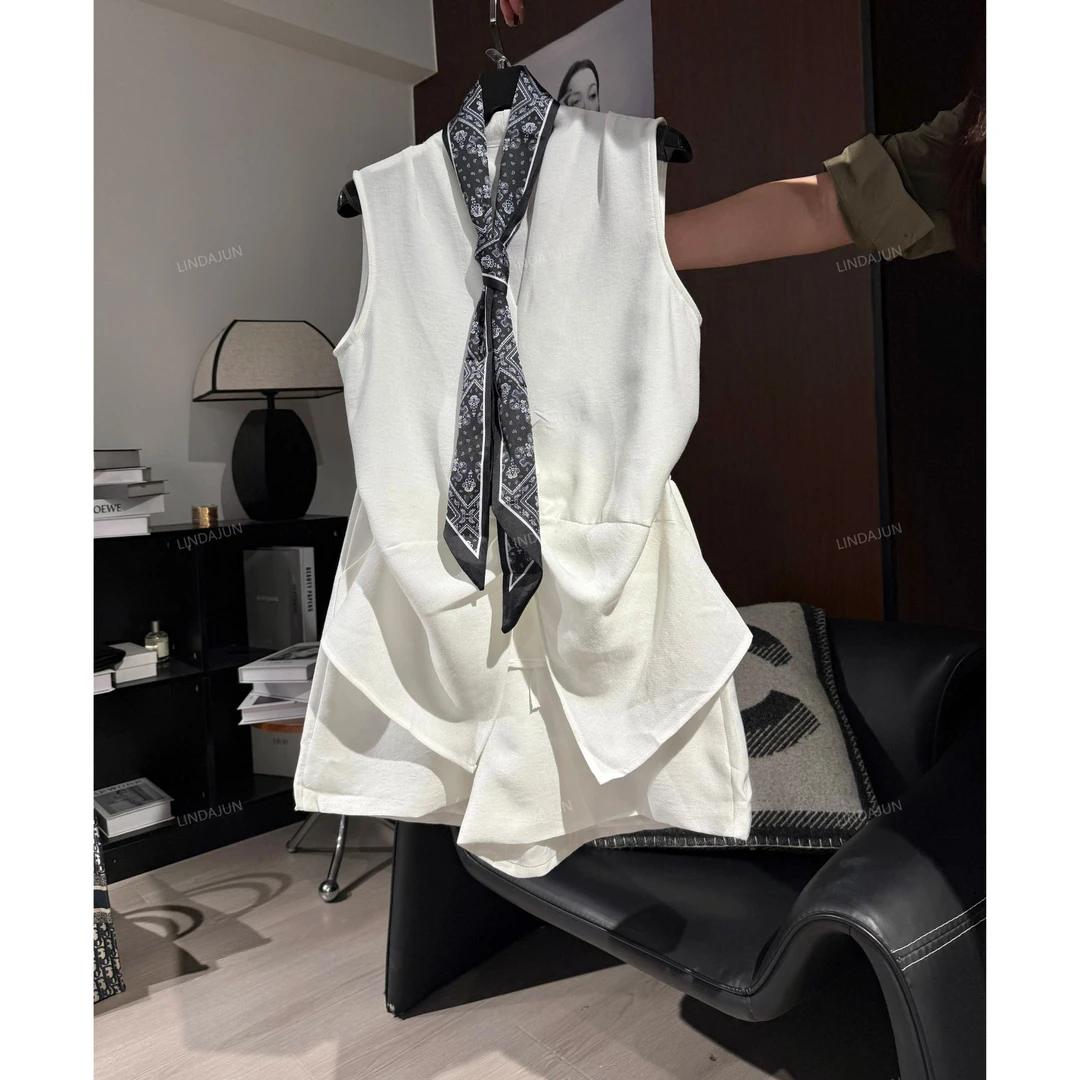 老钱风欧货时尚套装夏季白色无袖套装（马甲+短裤） T046