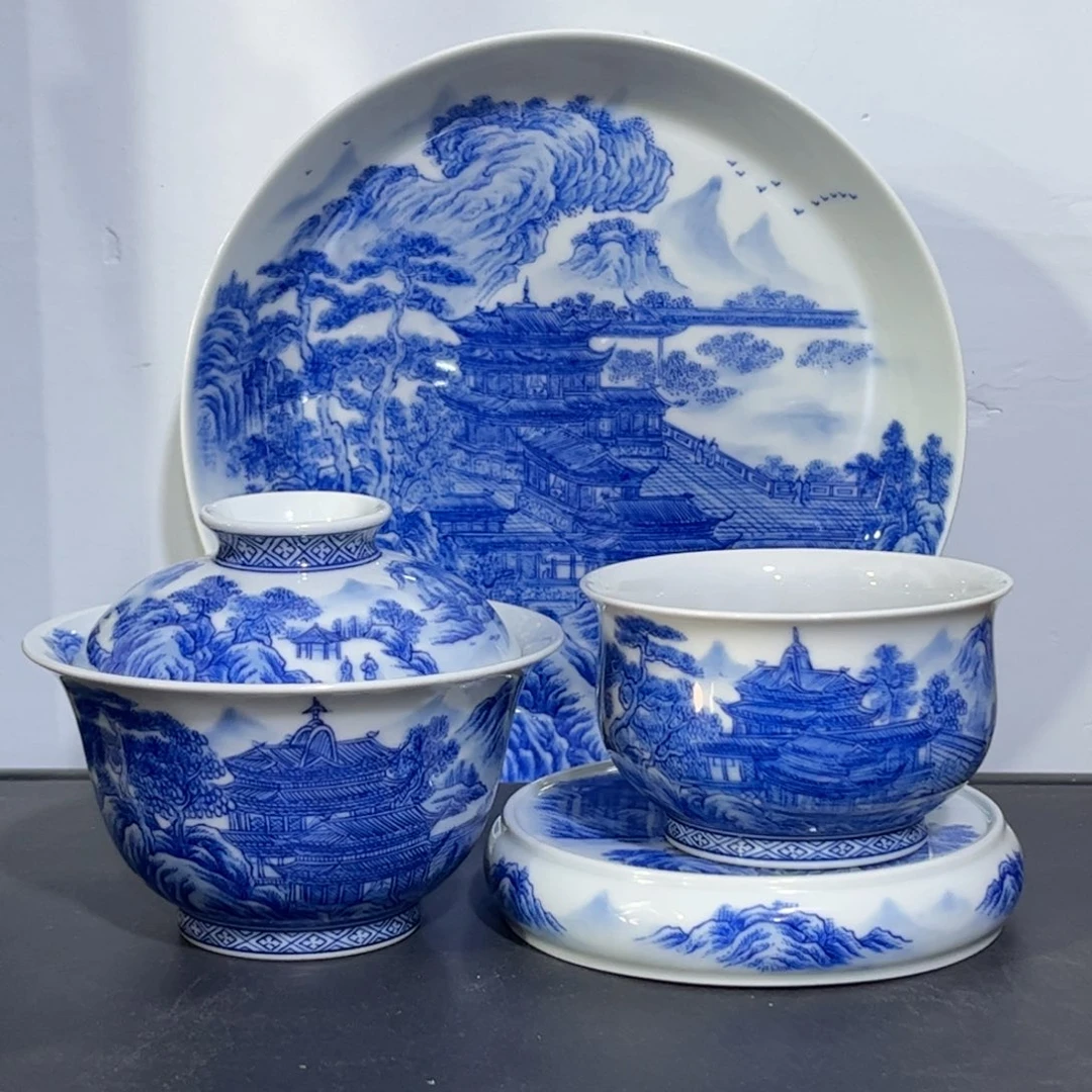 青花山水亭台楼阁四件套 可拆分
