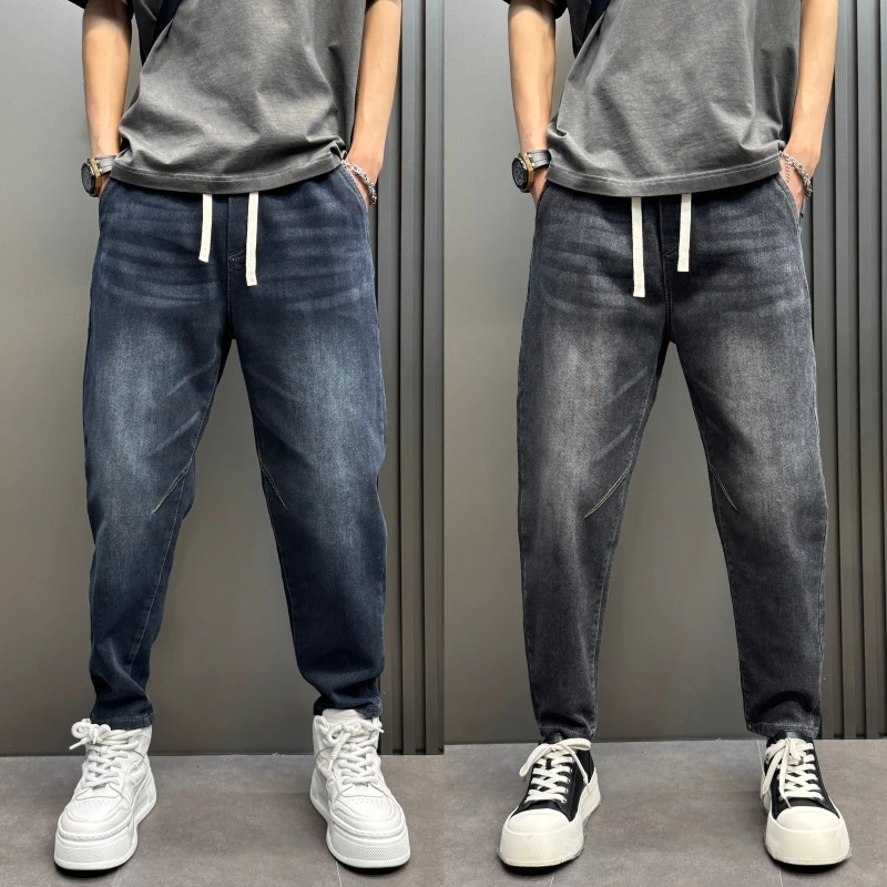 时尚潮流小脚裤渐变水洗长裤2025春季男士牛仔裤抽绳百搭哈伦裤子