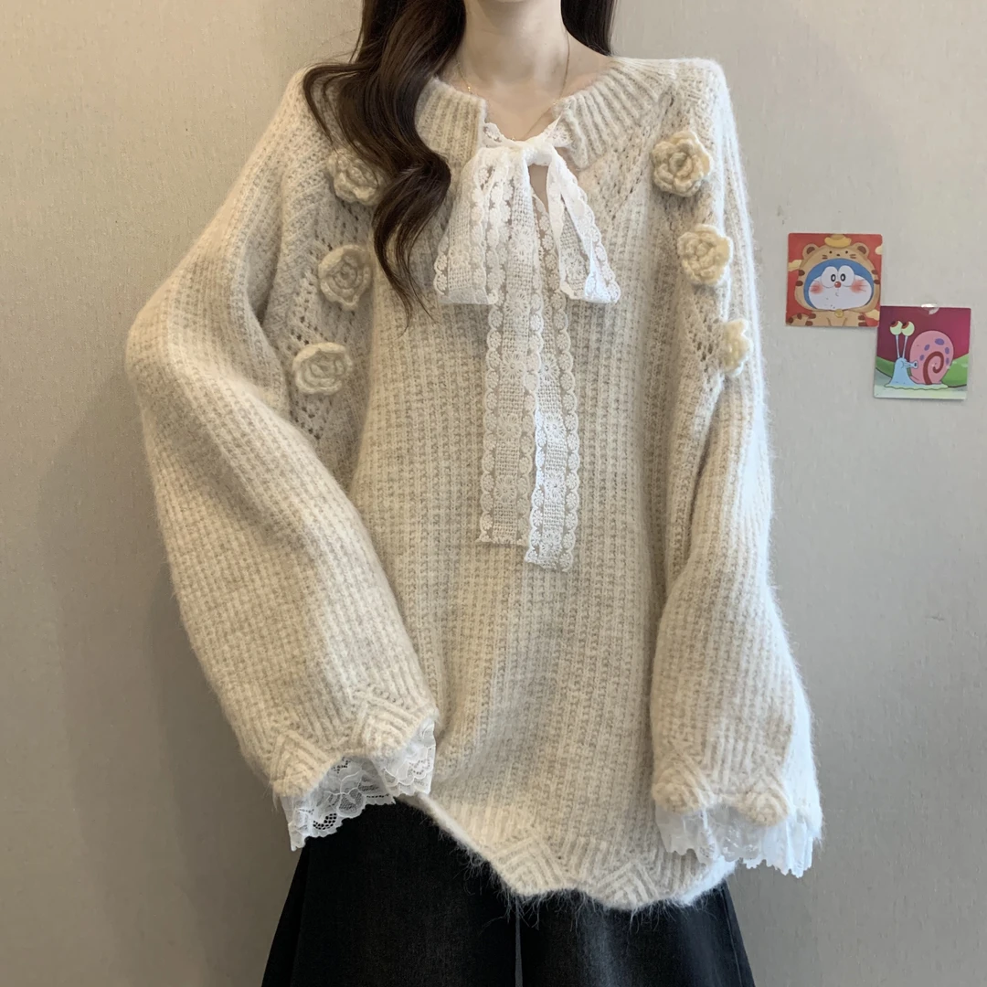 蕾丝系带蝴蝶结针织打底衫毛衣女秋冬新款胖mm设计感立体花朵上衣