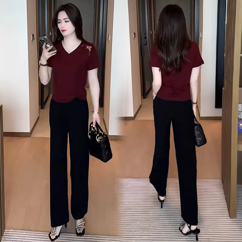 时尚套装女2025夏季新款简约百搭v领T恤上衣搭配直筒裤显瘦两件套