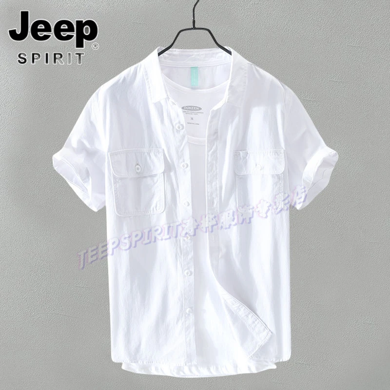 Jeep吉普夏季短袖纯棉衬衣男士宽松工装休闲帅气百搭衬衫青年男装