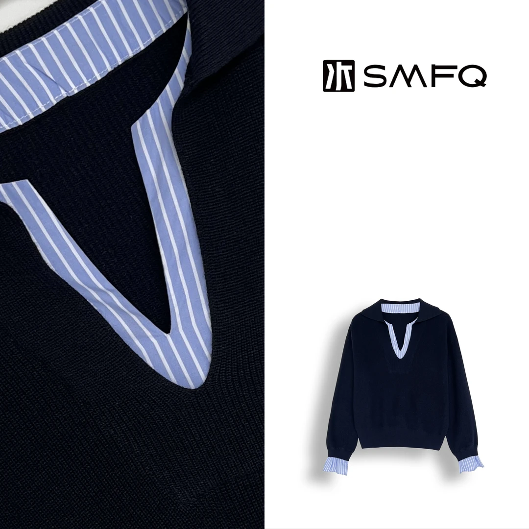 水木夫妻 46支桑蚕丝羊毛混纺假两件早春针织衫女上衣