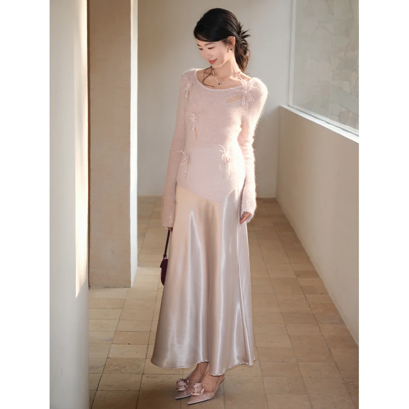 《烟色晚空》法式小众花朵流苏钉珠羽毛上衣搭配银色半裙彼得潘大叔