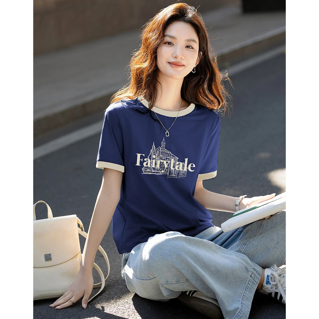 dme德·玛纳夏季舒适棉氨字母印花打底衫撞色圆领修身女t恤