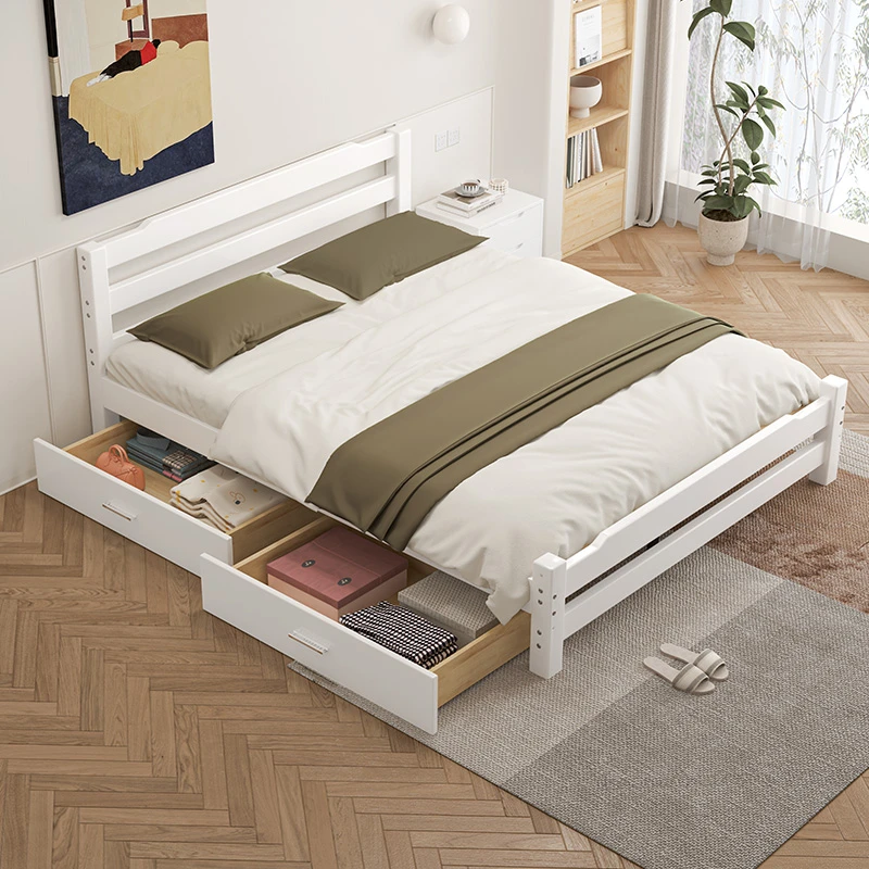 全实木大床白色家用简约主卧单人北欧经济型青少年简易