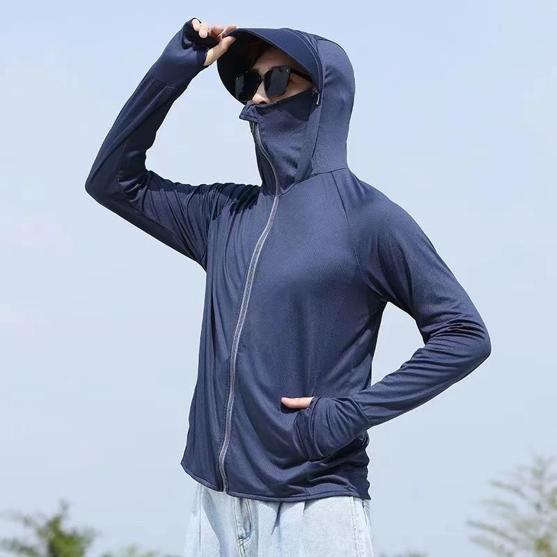 夏季轻薄透气冰丝防晒衣男士户外钓鱼连帽服速干长袖