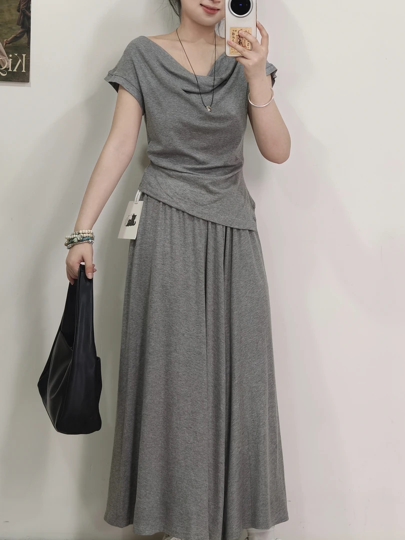 【故里】2025夏新款韩版不规则荡领短袖T恤直筒半身裙项链三件套女