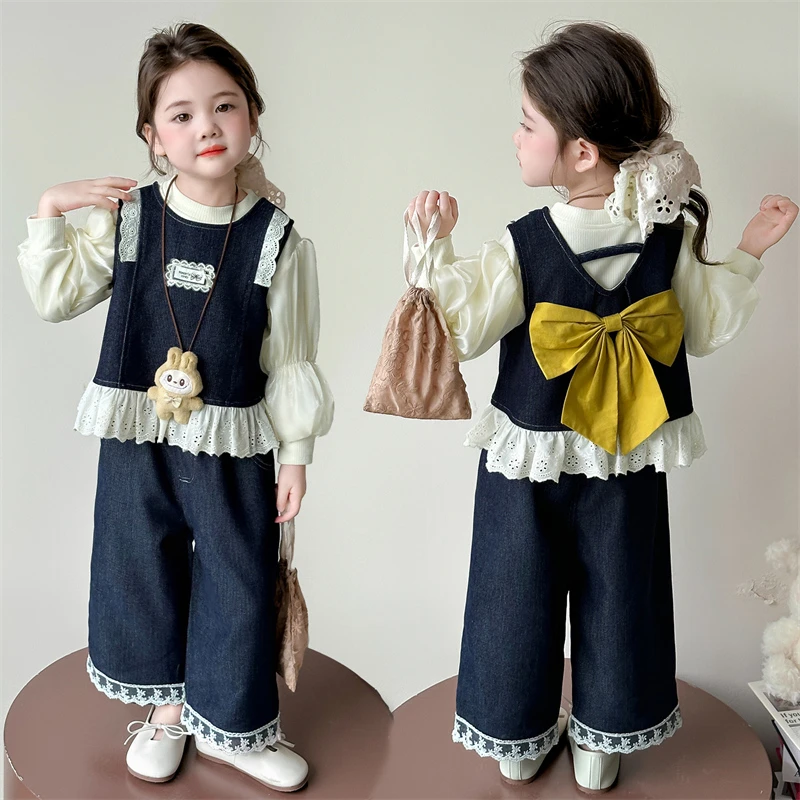 秋季女童2025新款套装女宝宝韩版洋气阔腿牛仔裤马甲灯笼袖上衣潮