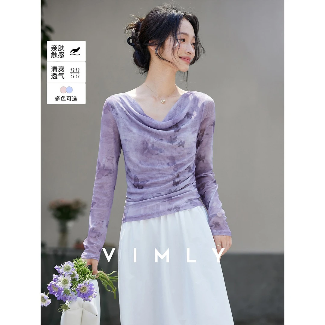 【梵希蔓】紫色网纱蝴蝶印花长袖t恤女秋季修身打底衫上衣A2071