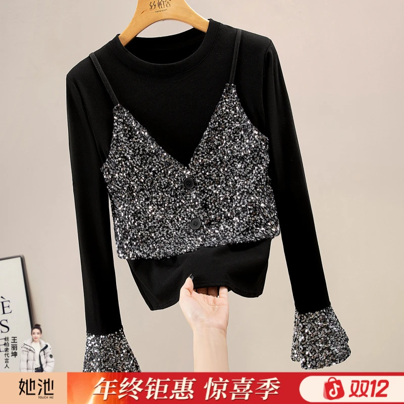 丝柏舍2025冬装新款女装薄绒亮片正肩假两件打底衫S53B4106E