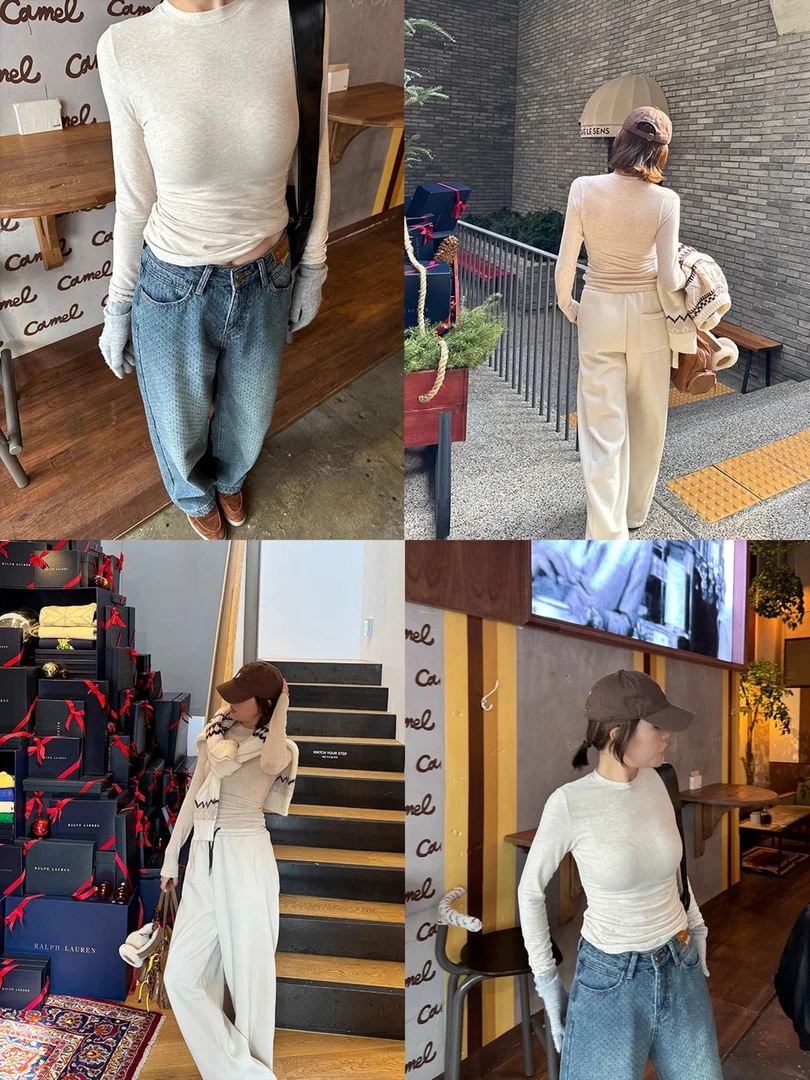 YANGLE_圆领上衣2025年春季新款打底内搭女慵懒感显瘦正肩长袖T恤