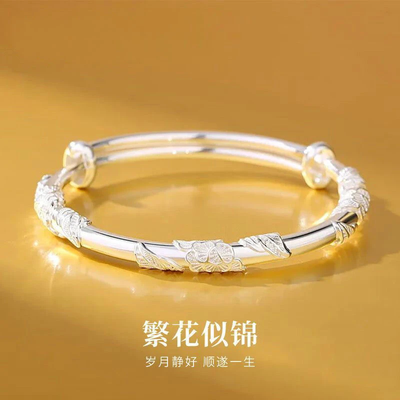 足银手镯 纯银手镯女9999繁花似锦足银镯子女年轻七夕礼物送女友