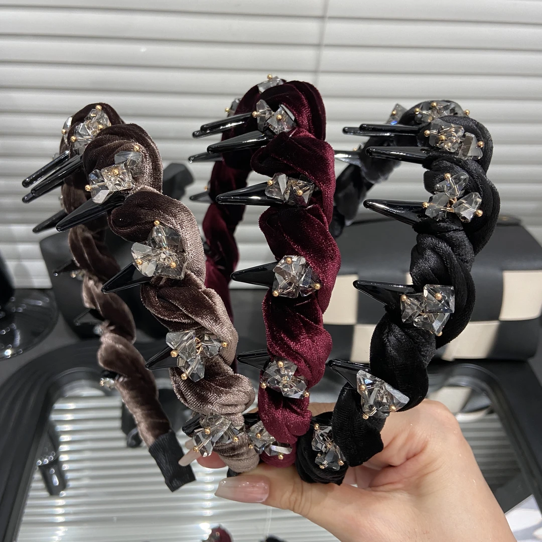E4903 气质水钻丝绒绕织带齿发箍女压发脸头箍高颅顶碎发发饰女