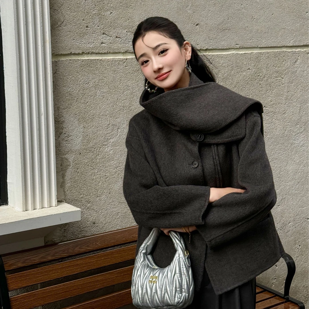 【冬日暖阳】 8484572深灰色秋冬双面毛呢大衣显瘦女