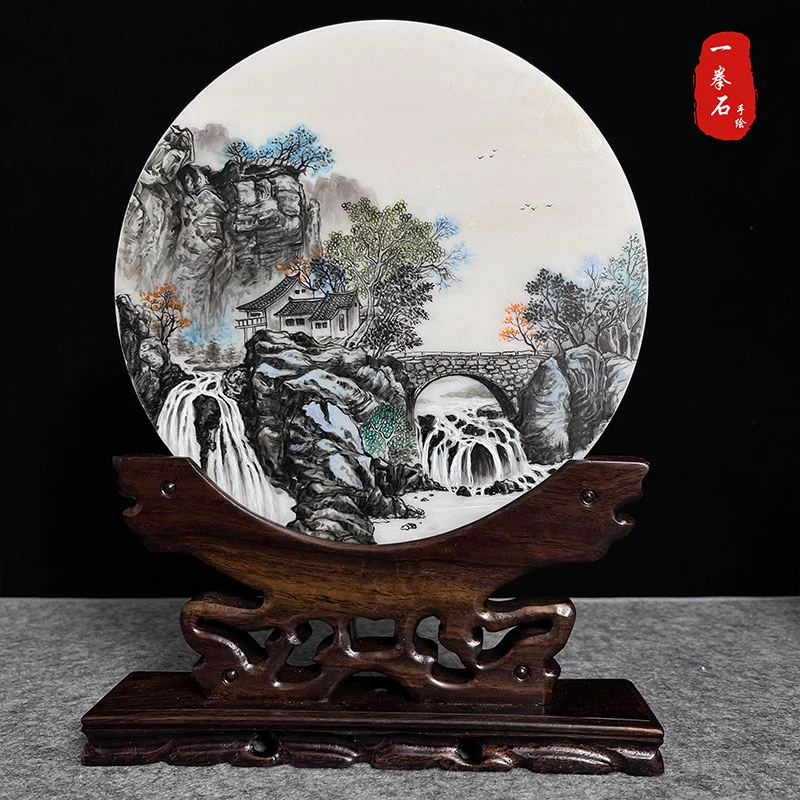 纯手绘石头画【古桥山居】装饰摆件防水不掉色