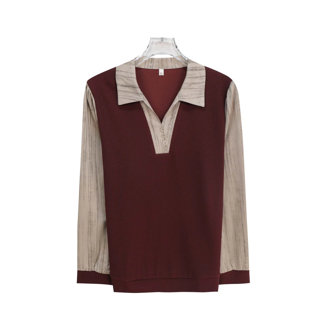 新款假两件设计感洋气减龄长袖撞色衬衫S4494