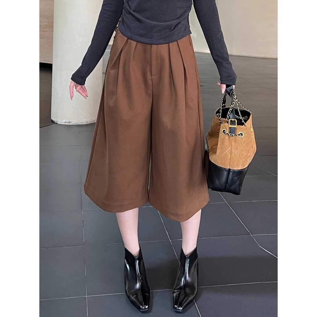 休闲阔腿裤2025新款女秋季小个子松紧腰短裤高腰显瘦宽松直筒裤子