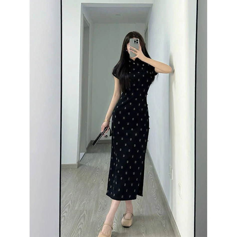 新中式旗袍黑色复古气质修身高级感年轻款少女日常改良夏